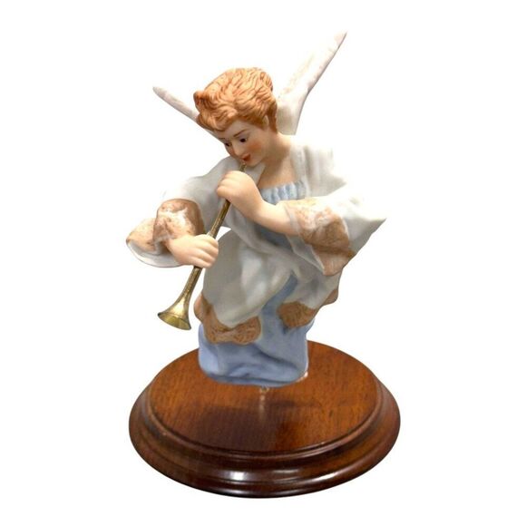 Heavenly Trumpeter Hand-Painted Porcelain Limited Ed Ornament Wood Display Stand - Picture 4 of 6